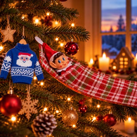 Weihnachtsambiente mit Wichtel, Schlafsack und Pullover Weihnachtswichtel in rot-grüner Schlafsack-Hängematte am beleuchteten Weihnachtsbaum. Daneben hängt ein blauer Weihnachtspullover mit weißem Schneeflockenmuster und Weihnachtsmannmotiv. Hinweis: KI generiertes Bild