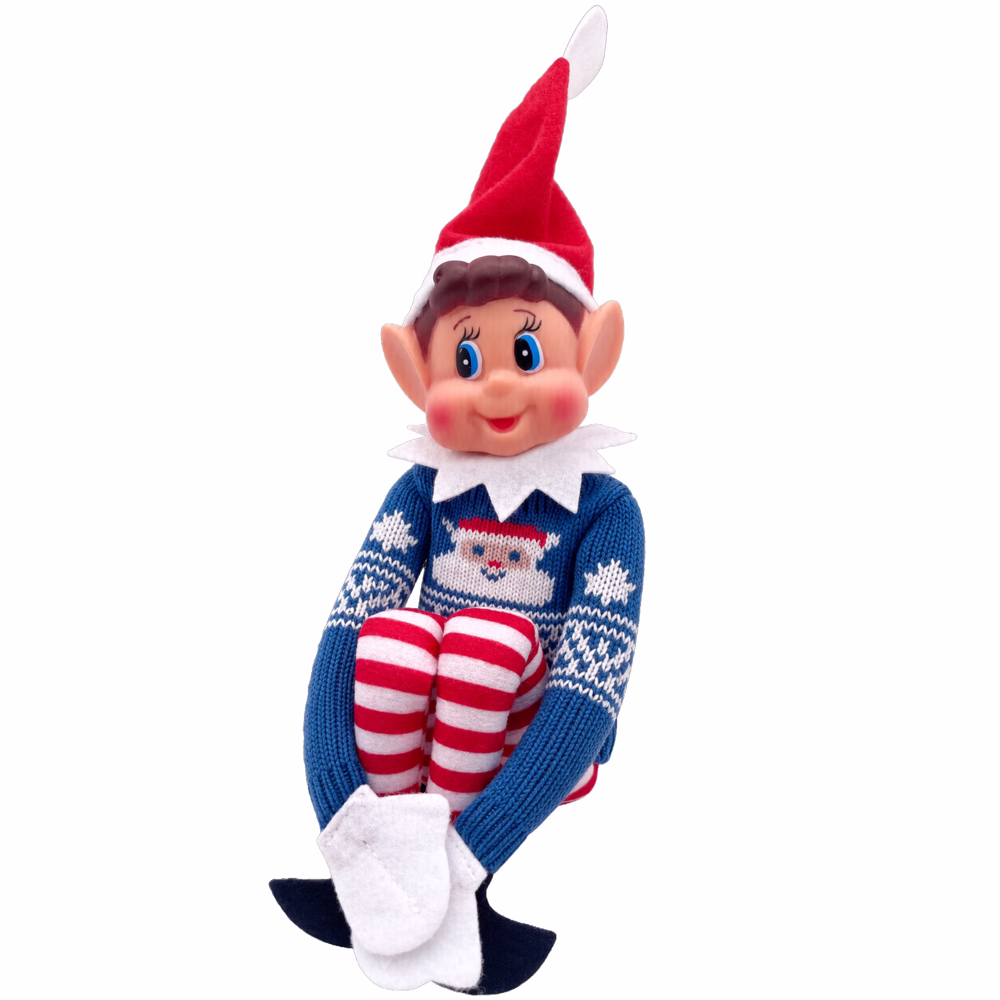 Wichteljunge mit blauem Weihnachtsmann Pullover Sitzender Wichteljunge trägt einen blauen Mini-Weihnachtspullover mit Weihnachtsmann-Motiv und weißen Wintermustern. Hinweis: KI generiertes Bild