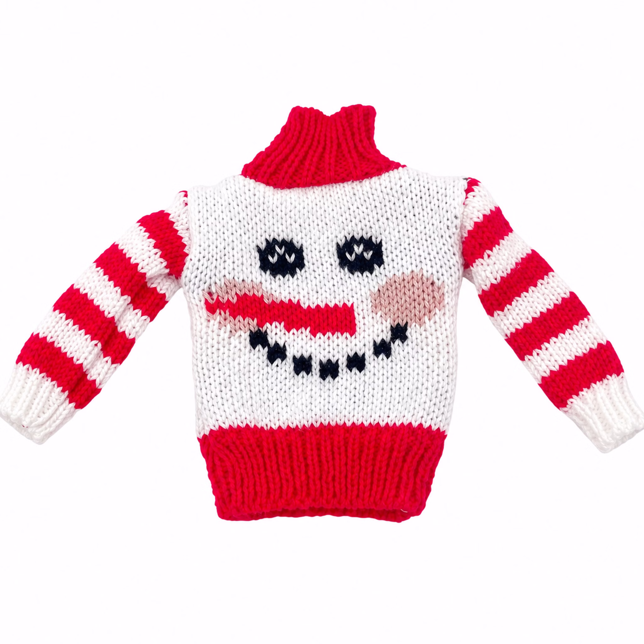 Mini Weihnachtspullover weiß rot mit Schneemann Weiß-roter Mini-Weihnachtspullover für Wichtel mit Schneemann-Gesicht, roter Nase, Kohlelächeln und gestreiften Ärmeln.