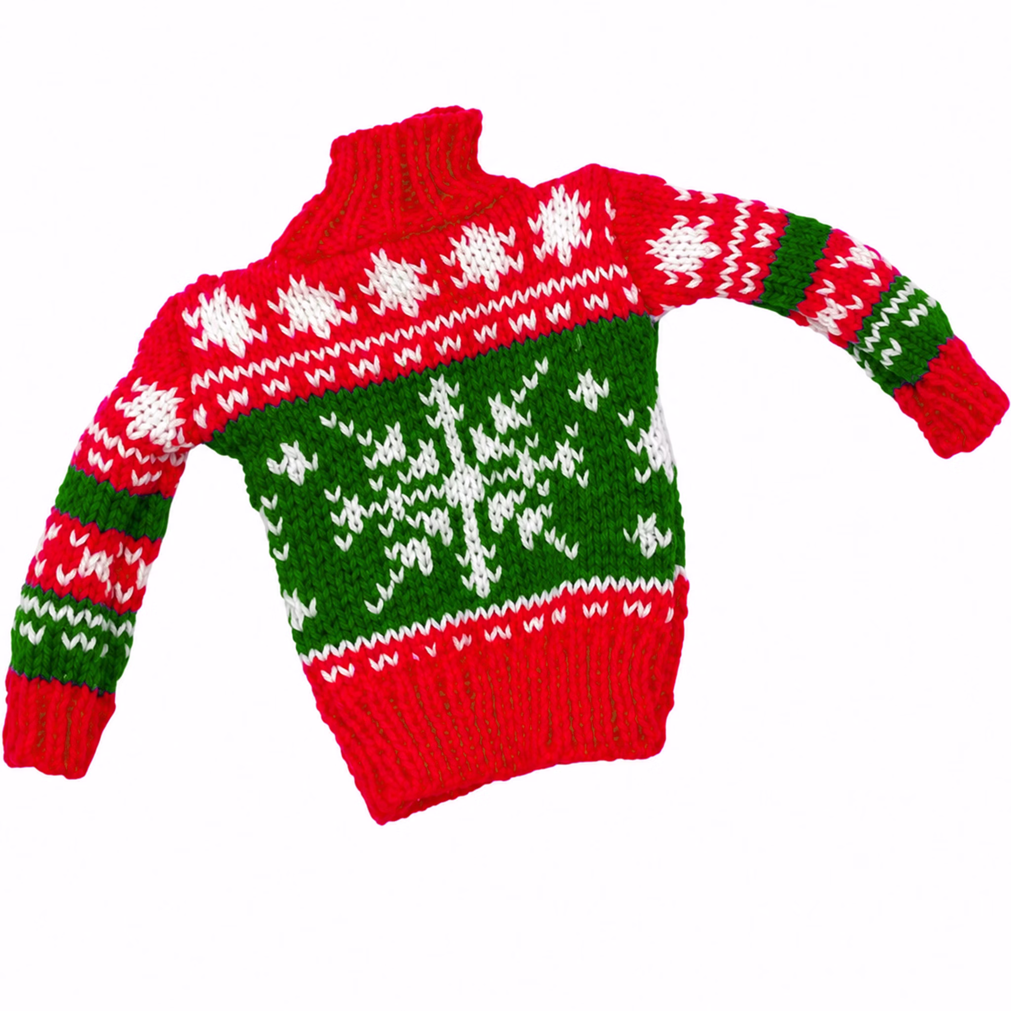 Grün-roter Mini-Weihnachtspullover für Wichtel mit weißer Schneeflocke und klassischem Norwegermuster vor hellem Hintergrund.