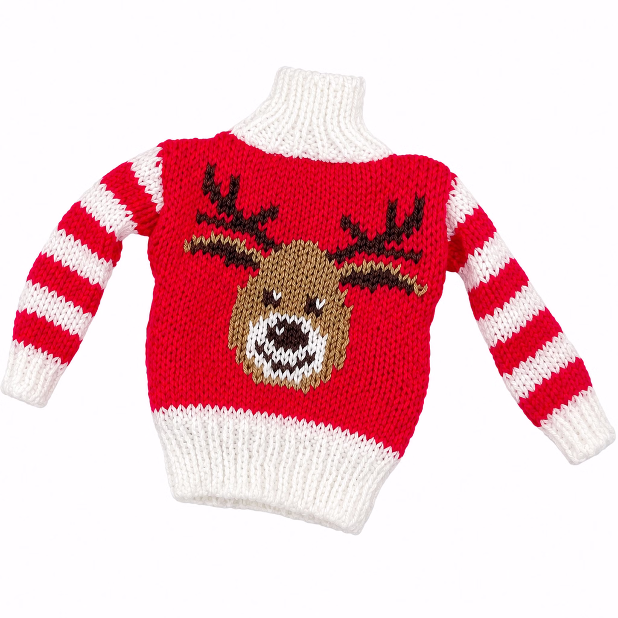 Mini Weihnachtspullover rot mit Rentiermotiv Roter Mini-Weihnachtspullover für Wichtel mit braunem Rentiermotiv, Geweih und rot-weiß gestreiften Ärmeln.