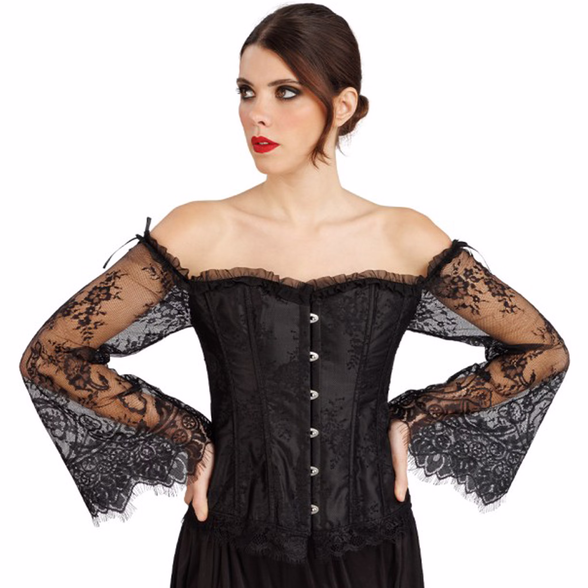 Schwarzes Gothic Korsett für Damen mit schulterfreiem Ausschnitt, langen transparenten Spitzenärmeln und dekorativer Verschlussleiste.