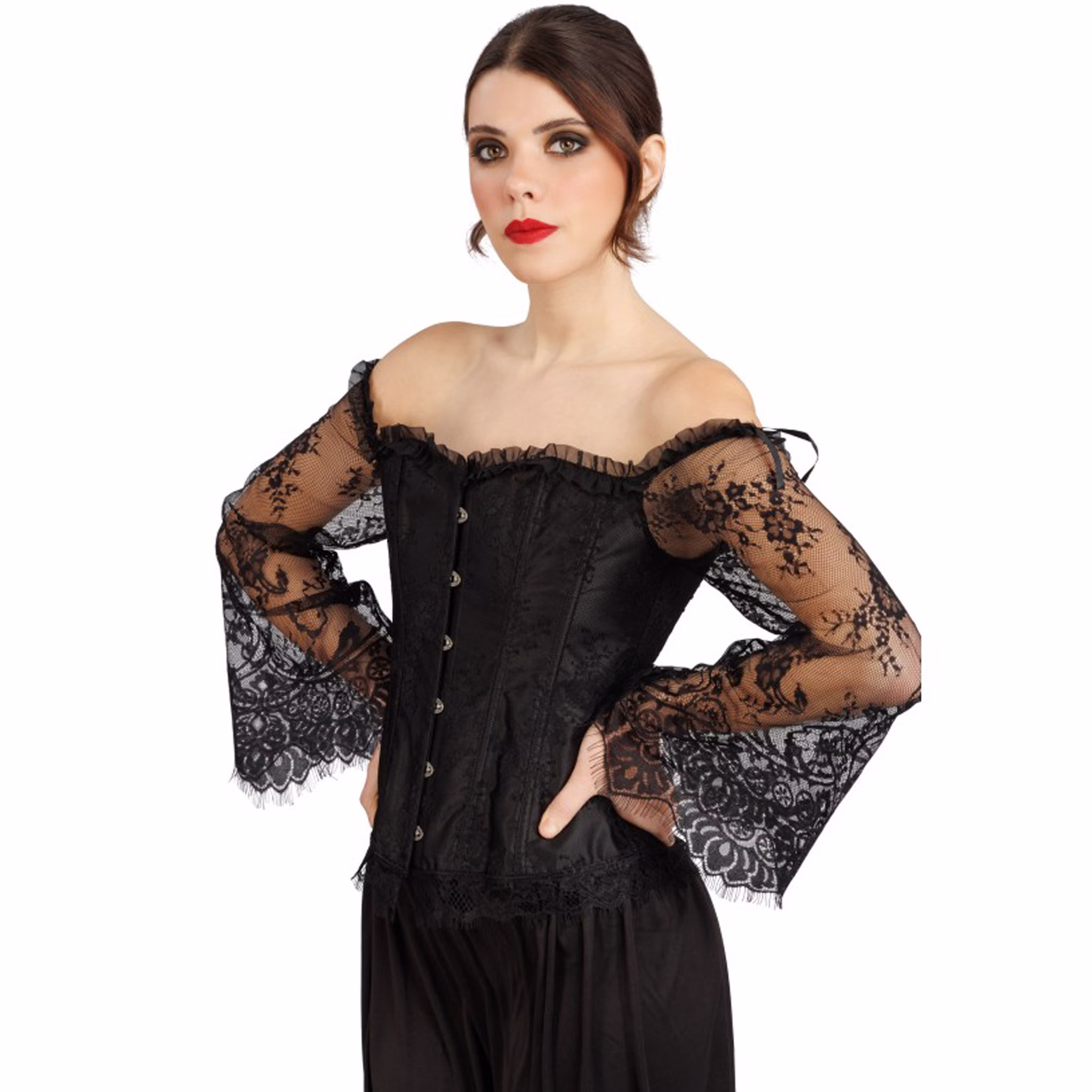 Schwarze Gothic Corsage mit taillierter Form, schulterfreiem Ausschnitt und ausgestellten transparenten Spitzenärmeln.