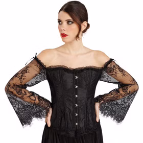 Schwarzes Gothic Korsett für Damen mit schulterfreiem Ausschnitt, langen transparenten Spitzenärmeln und dekorativer Verschlussleiste.