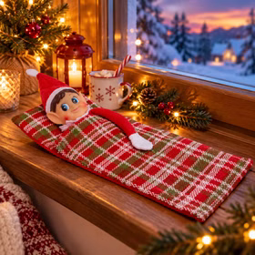 Wichtelmädchen im weihnachtlichen Ambiente Weihnachtswichtel Mädchen liegt in einem karierten Schlafsack auf einer Holzfensterbank neben einer beleuchteten Weihnachtsdekoration. Durch das Fenster ist eine verschneite Winterlandschaft bei Sonnenuntergang zu sehen. Hinweis: KI generiertes Bild