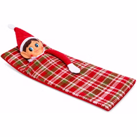 Seitenansicht Wichtelmädchen im Schlafsack Seitliche Ansicht eines Weihnachtswichtel Mädchens, das in einem rot-grün-weiß karierten Schlafsack liegt. Die rote Zipfelmütze und ein Arm liegen sichtbar auf dem Schlafsack.