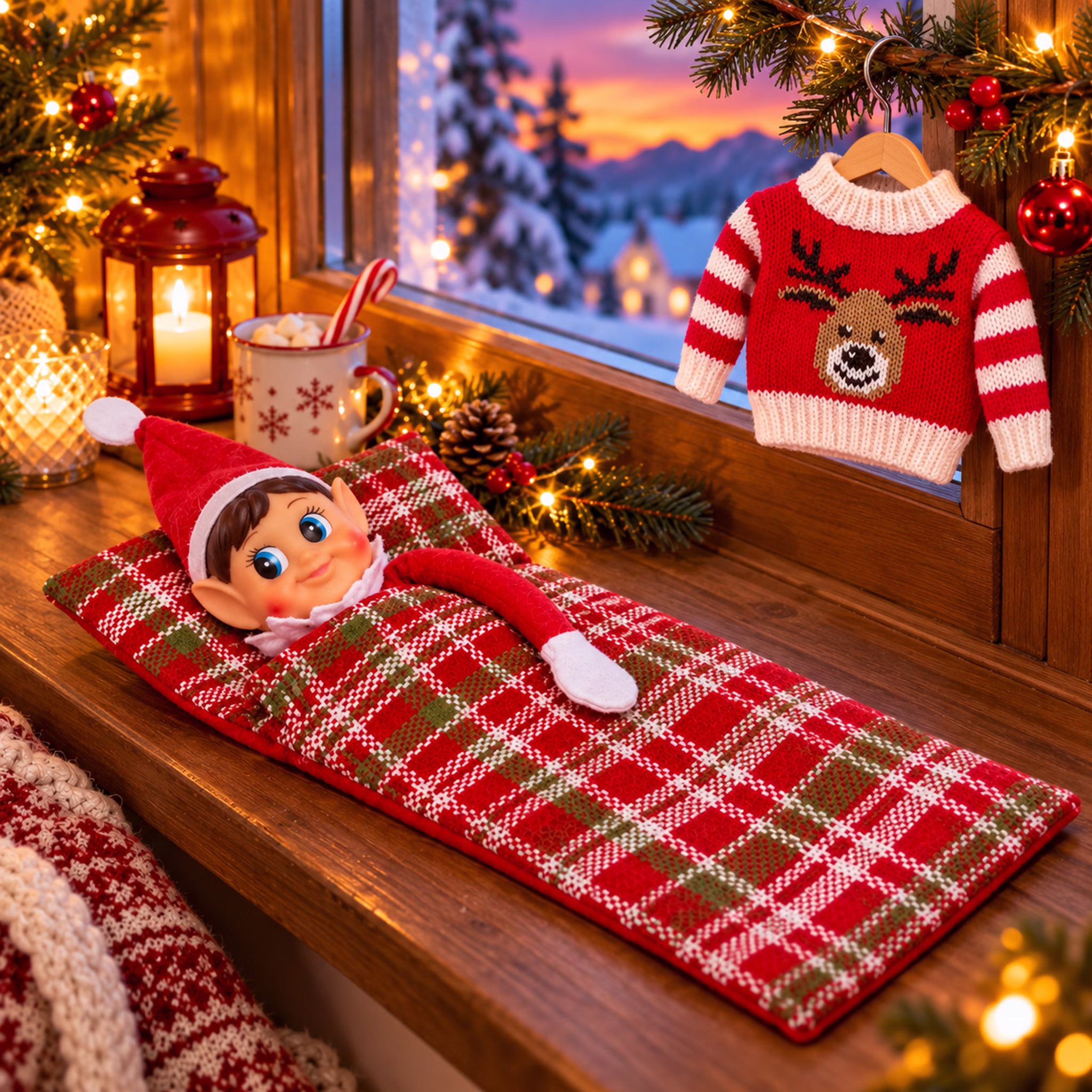 Weihnachtliches Ambientebild mit Pullover Weihnachtswichtelmädchen liegt in einem karierten Schlafsack auf einer festlich dekorierten Holzbank am Fenster. Daneben hängt ein roter Rentierpullover an einem kleinen Holzbügel bei gemütlicher Adventsstimmung. Hinweis: KI generiertes Bild
