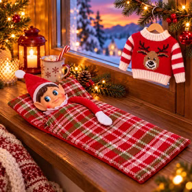 Weihnachtliches Ambientebild mit Pullover Weihnachtswichtelmädchen liegt in einem karierten Schlafsack auf einer festlich dekorierten Holzbank am Fenster. Daneben hängt ein roter Rentierpullover an einem kleinen Holzbügel bei gemütlicher Adventsstimmung. Hinweis: KI generiertes Bild