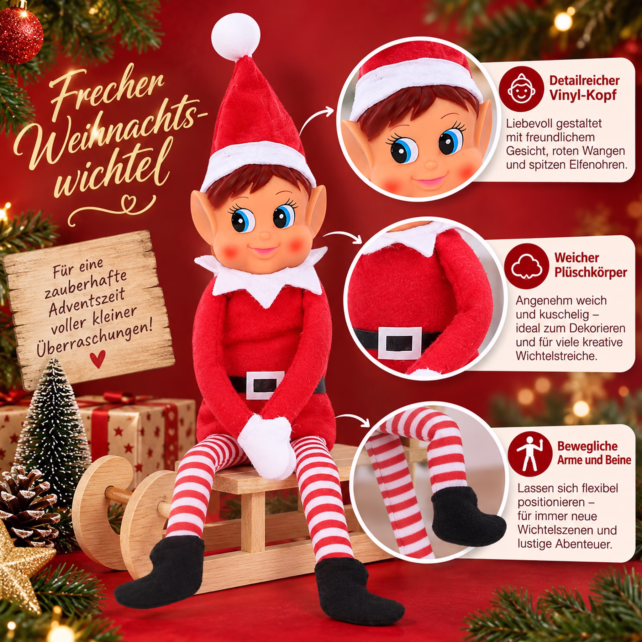 Wichtelmädchen – Produktdetails Wichtelmädchen von Elf with Big Ears mit detailliertem Vinylkopf, weichem rotem Körper und beweglichen Armen und Beinen. Hinweis: KI generiertes Bild