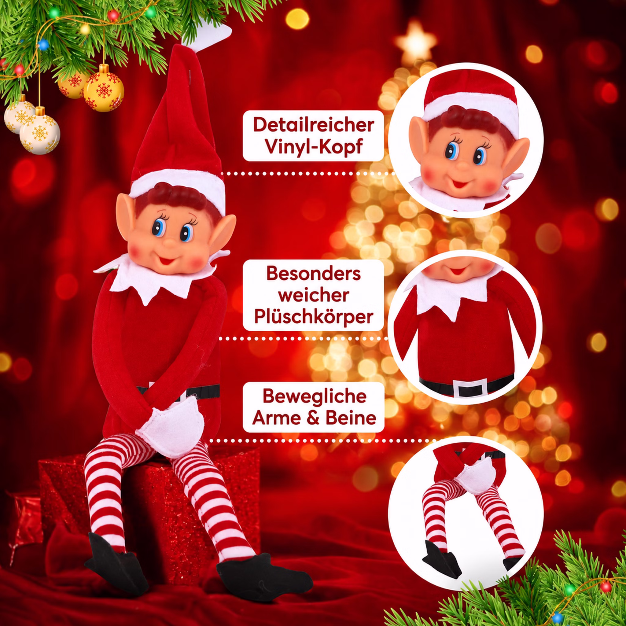 Wichteljunge – Produktdetails Wichteljunge von Elf with Big Ears mit freundlichem Gesicht, roten Wangen, weichem Körper und beweglichen Armen und Beinen. Hinweis: KI generiertes Bild