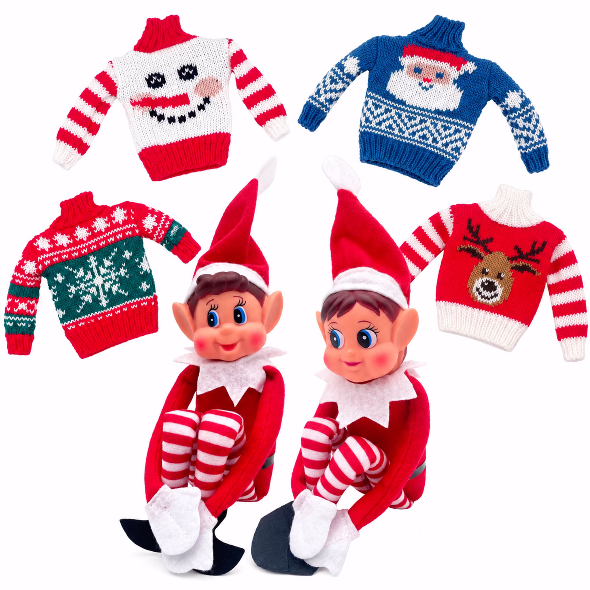 Komplettes 6-teiliges Wichtel-Set Sechsteiliges Wichtel-Set von Elf with Big Ears mit zwei Wichtelfiguren und vier Mini-Weihnachtspullovern mit Weihnachtsmann, Rentier, Schneemann und Norwegermuster. Hinweis: KI generiertes Bild