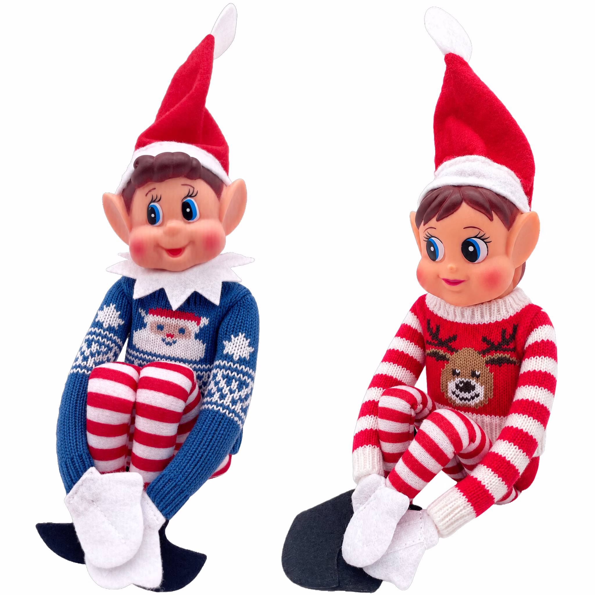 Wichtel-Duo mit Weihnachtsmann- und Rentierpullover Wichteljunge im blauen Weihnachtspullover mit Weihnachtsmann und Wichtelmädchen im roten Pullover mit Rentiermotiv. Hinweis: KI generiertes Bild