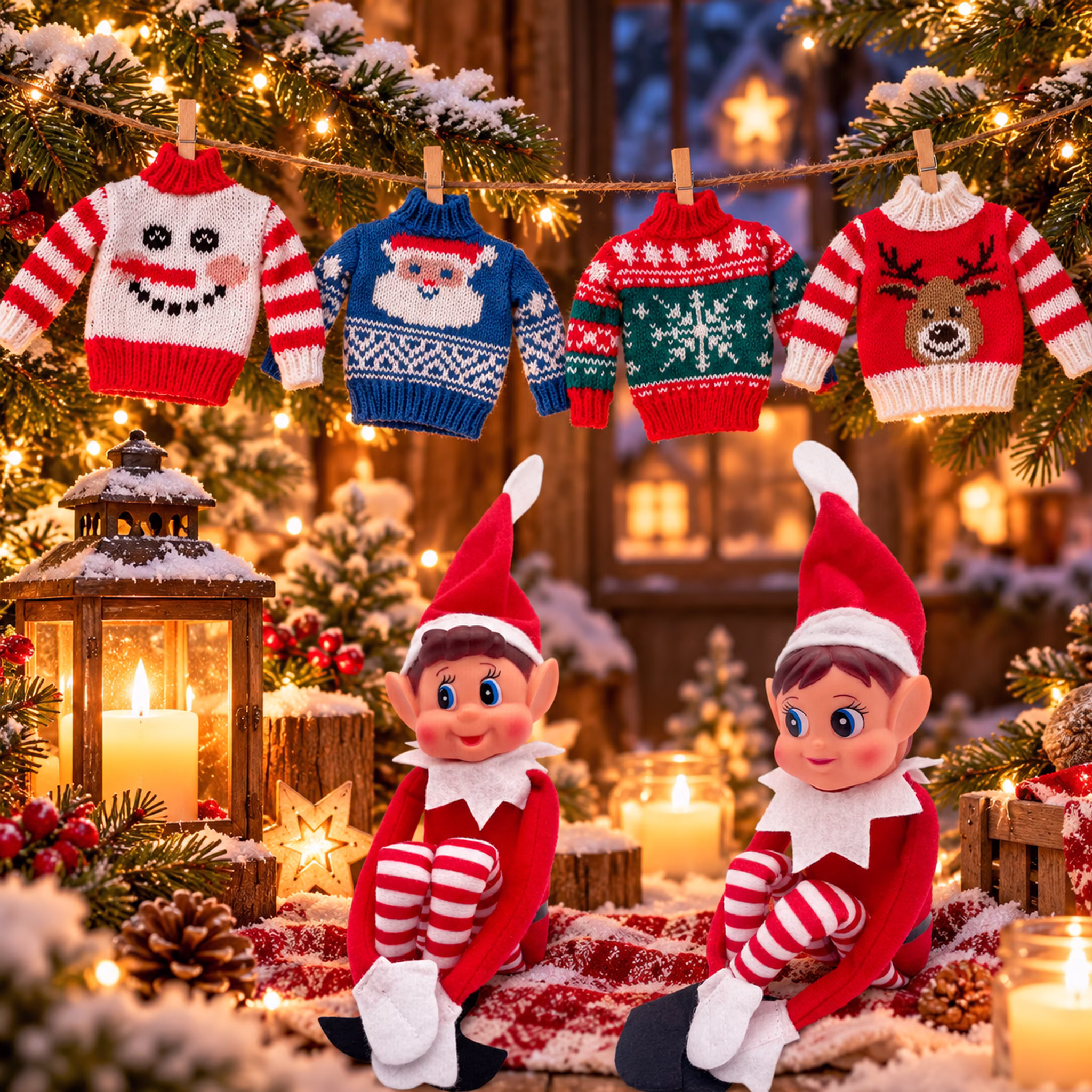 Ambientebild: Wichtel mit vier Weihnachtspullovern Zwei Weihnachtswichtel von Elf with Big Ears sitzen vor vier Mini-Weihnachtspullovern an einer beleuchteten Wäscheleine in winterlicher Dekoration. Hinweis: KI generiertes Bild