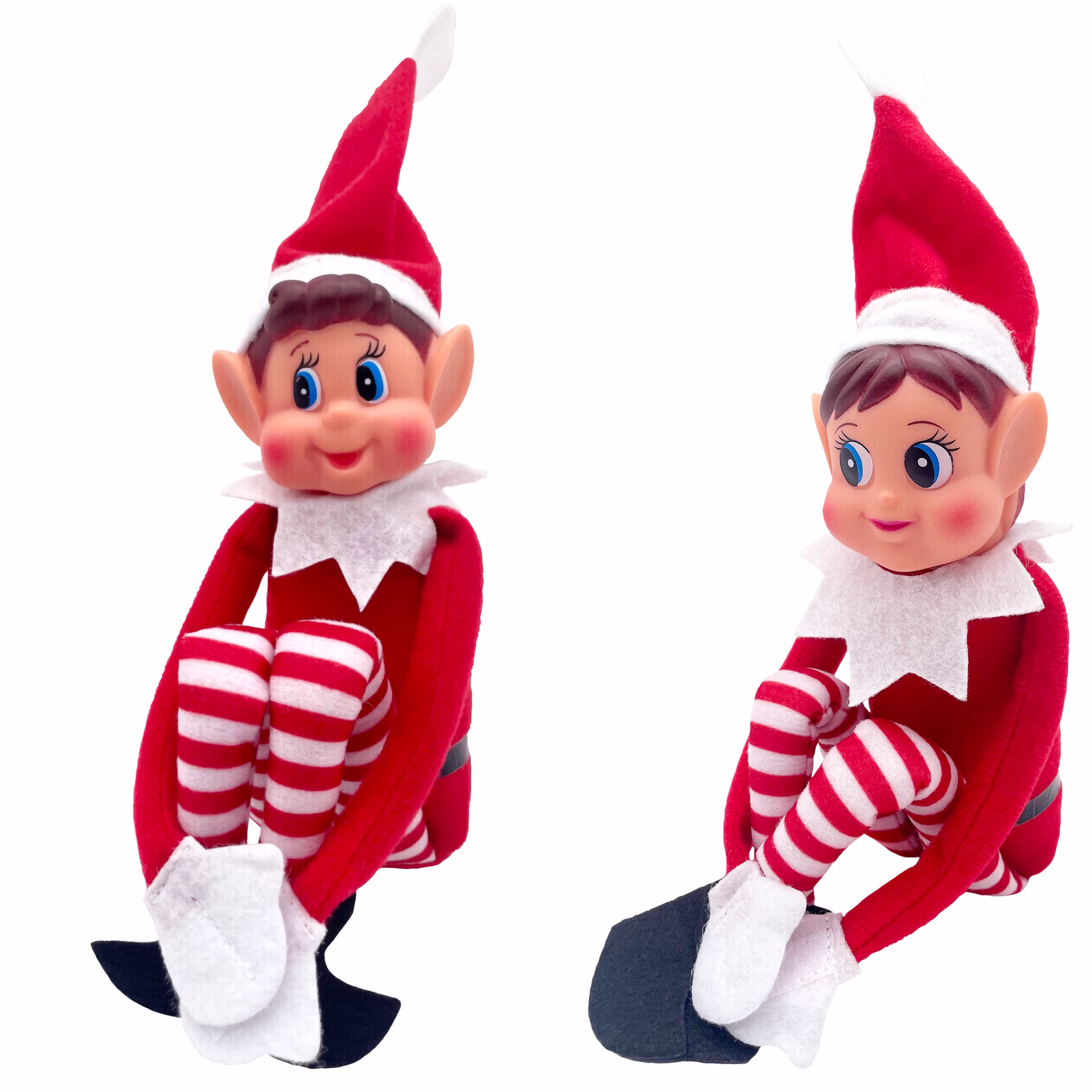 Wichtel-Duo – Freisteller Wichtelmädchen und Wichteljunge von Elf with Big Ears mit roten Zipfelmützen, gestreiften Beinen und weißen Handschuhen vor weißem Hintergrund.