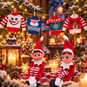 Ambientebild: Wichtel mit vier Weihnachtspullovern Zwei Weihnachtswichtel von Elf with Big Ears sitzen vor vier Mini-Weihnachtspullovern an einer beleuchteten Wäscheleine in winterlicher Dekoration. Hinweis: KI generiertes Bild