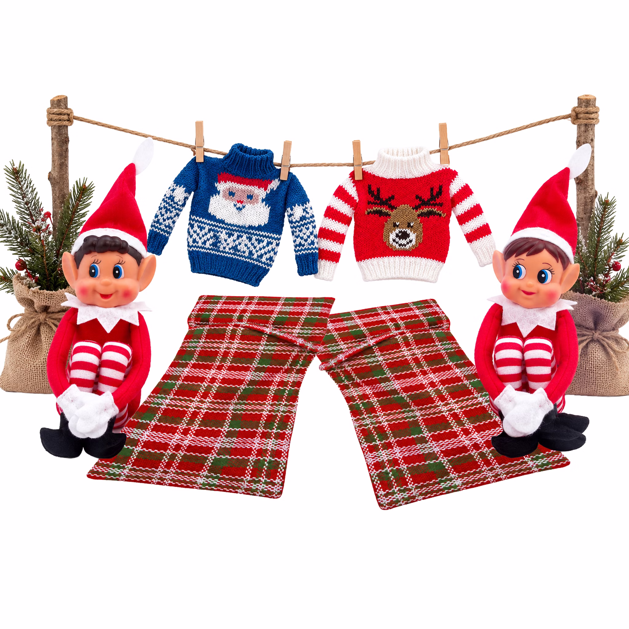 Lieferumfang und Zubehör im Überblick Zwei Weihnachtswichtel mit rot-grün karierten Schlafsäcken und zwei gestrickten Weihnachtspullovern in Blau mit Weihnachtsmannmotiv und Rot mit Rentiermotiv. Hinweis: KI generiertes Bild