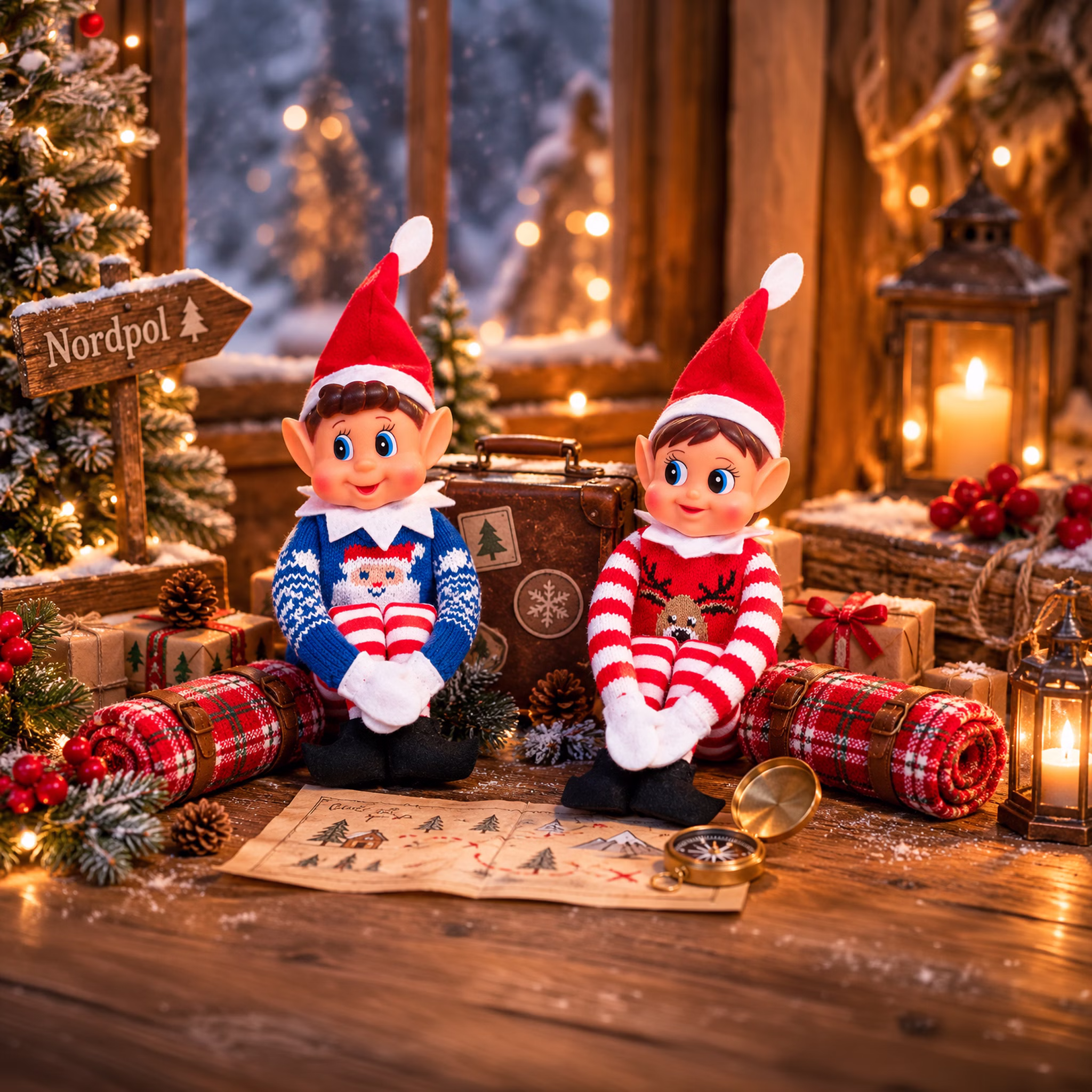 Weihnachtliche Szene mit zusammengerollten Schlafsäcken Zwei Weihnachtswichtel tragen ihre gestrickten Weihnachtspullover und sitzen zwischen zusammengerollten karierten Schlafsäcken in einer festlich dekorierten Weihnachtsszene. Hinweis: KI generiertes Bild