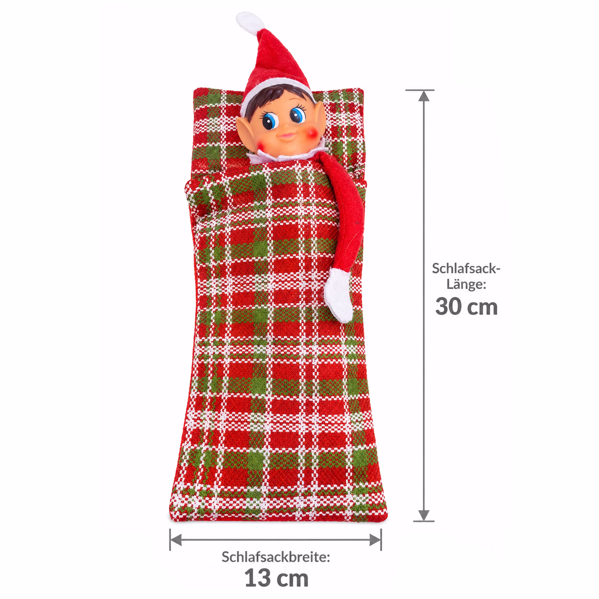 Maße des Schlafsacks Weihnachtswichtel-Mädchen im rot-grün karierten Schlafsack mit einer Länge von 30 cm und einer Breite von 13 cm.