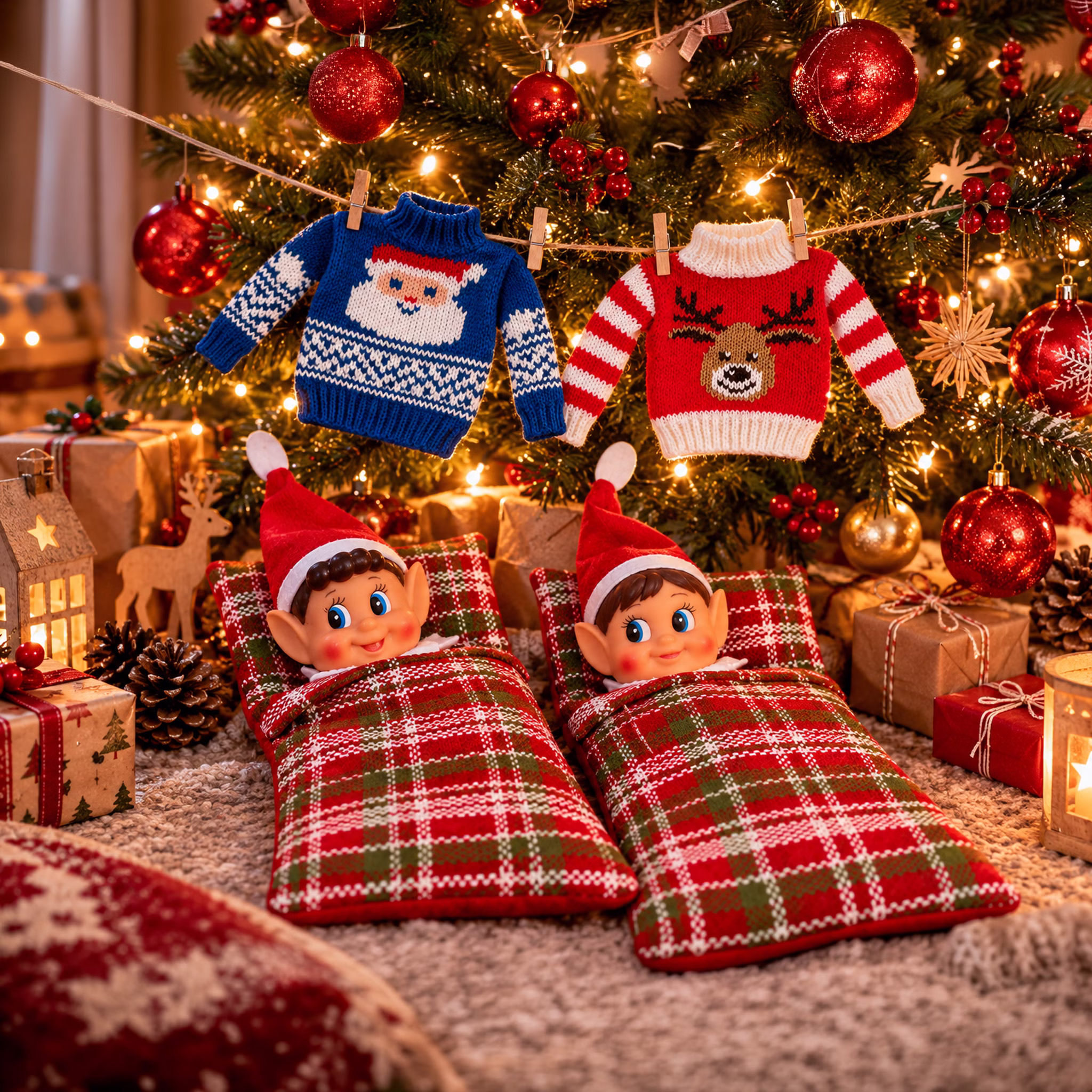 Wichtel im Schlafsack unter dem Weihnachtsbaum Zwei Weihnachtswichtel liegen in rot-grün karierten Schlafsäcken unter einem beleuchteten Weihnachtsbaum. Über ihnen hängen ein blauer Weihnachtsmannpullover und ein roter Rentierpullover an einer Wäscheleine. Hinweis: KI generiertes Bild