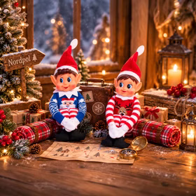 Weihnachtliche Szene mit zusammengerollten Schlafsäcken Zwei Weihnachtswichtel tragen ihre gestrickten Weihnachtspullover und sitzen zwischen zusammengerollten karierten Schlafsäcken in einer festlich dekorierten Weihnachtsszene. Hinweis: KI generiertes Bild