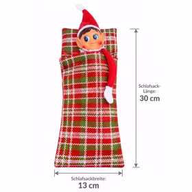 Maße des Schlafsacks Weihnachtswichtel-Mädchen im rot-grün karierten Schlafsack mit einer Länge von 30 cm und einer Breite von 13 cm.