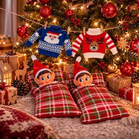 Wichtel im Schlafsack unter dem Weihnachtsbaum Zwei Weihnachtswichtel liegen in rot-grün karierten Schlafsäcken unter einem beleuchteten Weihnachtsbaum. Über ihnen hängen ein blauer Weihnachtsmannpullover und ein roter Rentierpullover an einer Wäscheleine. Hinweis: KI generiertes Bild