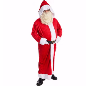 Weihnachtsmann Kostüm Rot Mit Kapuze Und Gürtel Weihnachtsmann in einem langen roten Mantel mit weißem Plüschbesatz an Kapuze, Vorderseite, Ärmeln und Saum sowie schwarzem Gürtel mit goldfarbener Schnalle.