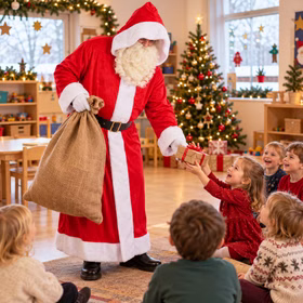Weihnachtsmann Kostüm Kindergarten Weihnachtsfeier Weihnachtsmann im roten Mantel mit weißem Plüschbesatz überrascht Kinder im festlich geschmückten Kindergarten und überreicht einem Mädchen ein Geschenk. Neben ihm steht ein großer Jutesack. Hinweis: KI generiertes Bild