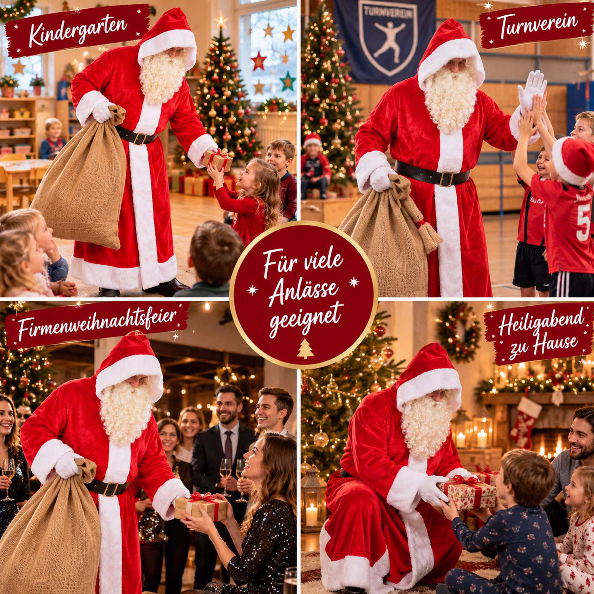 Weihnachtsmann Kostüm verschiedene Anlässe im Advent Vier Szenen mit dem Weihnachtsmann im Kindergarten, im Sportverein, auf einer Firmenweihnachtsfeier und an Heiligabend mit der Familie. Hinweis: KI generiertes Bild