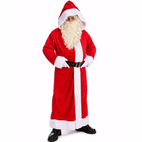 Weihnachtsmann mit aufgesetzter Kapuze Perücke und Bart Weihnachtsmann mit aufgesetzter roter Kapuze und weißem Plüschrand, unter der cremefarbene Locken der Perücke hervorschauen. Hinweis: KI generiertes Bild