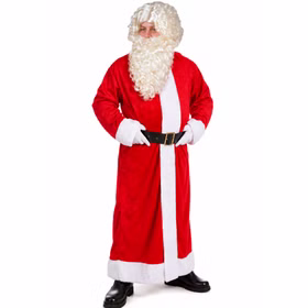 Weihnachtsmann ohne aufgesetzte Kapuze Perücke und Bart Weihnachtsmann mit cremefarbener, lockiger Perücke und voluminösem Rauschebart, rotem Mantel mit weißem Besatz, schwarzen Gürtel mit goldfarbener Schnalle und weißen Handschuhen. Hinweis: KI generiertes Bild