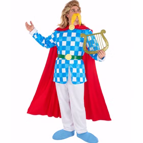 Troubadix Kostüm mit Harfe Herren Asterix Obelix Lizenzkostüm Herr im Troubadix Kostüm mit rot blau kariertem Oberteil, rotem Umhang, blonder Frisur, gelbem Schnurrbart und goldener Harfe.