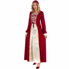 Damenkostüm Isolde in Rot und Weiß mit goldenen Borten, geschnürter Vorderseite und passender Kapuze, ideal für Mittelalterfeste und Fasching.