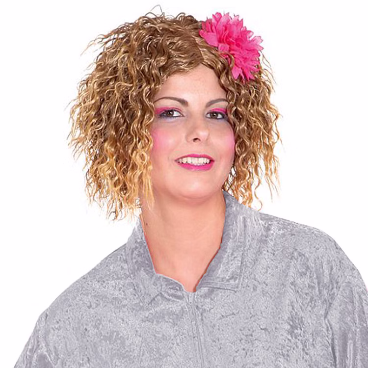 Locken-Perücke Welliges Haar Hellbraun 33 cm gelockt mit rosa Blume für Damen Kostüm-Zubehör Fasching Karneval Mottoparty Locken-Perücke Welliges Haar Hellbraun mit pinker Blüte für Damen von Vorne