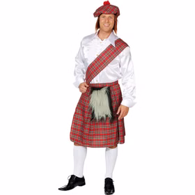 Schotten Kostüm Schottenrock mit Schärpe und Mütze für Herren Gr. 48-52 Rot Kariert Highländer Andere Länder Fasching Karneval Mottoparty Schotten Kostüm für Herren von Vorne