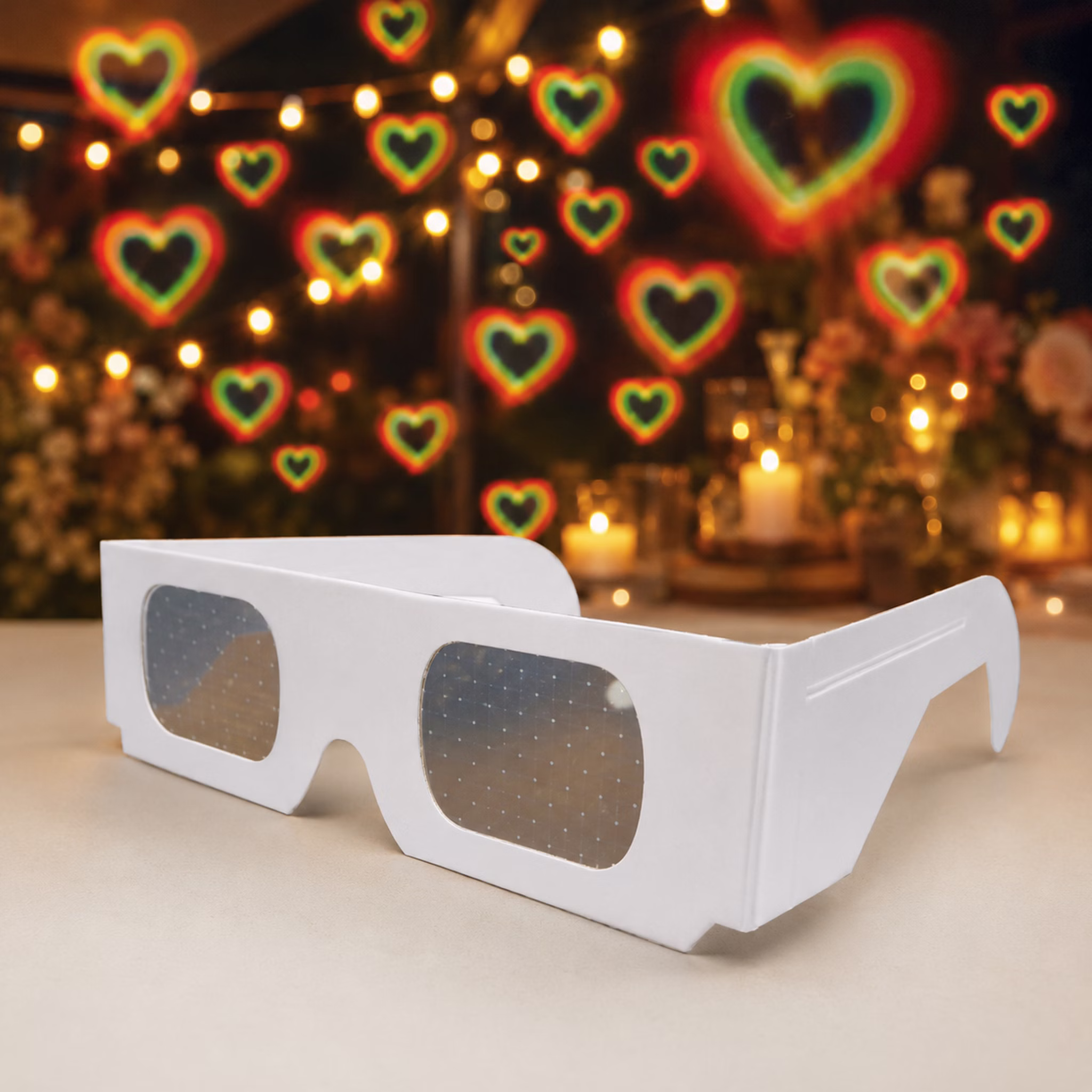 Weiße Effektbrille auf einer festlich gedeckten Tafel; leuchtende Herzformen im Hintergrund zeigen den romantischen Lichteffekt.