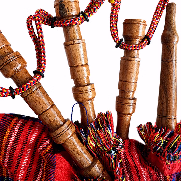 Dudelsack Holzpfeifen Detailansicht Detailaufnahme des Dudelsacks mit braunen Holzpfeifen, rot kariertem Luftsack, bunten Fransen und geflochtenen Schnüren.