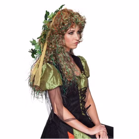 Waldfee Perücke Elfe Langhaar braun grün mit Locken Kostüm-Zubehör für Damen Fasching Karneval Mottoparty