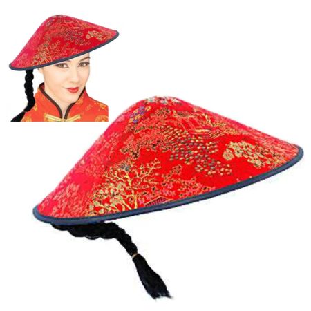 Asiatischer Hut mit Zopf Kopfbedeckung Rot für Erwachsene