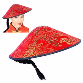 Asiatischer Hut mit Zopf Kopfbedeckung Rot für Erwachsene Kostüm-Zubehör Fasching Karneval Mottoparty Asiatischer Hut mit Zopf Kopfbedeckung Rot für Erwachsene Kostüm-Zubehör Fasching Karneval Mottoparty