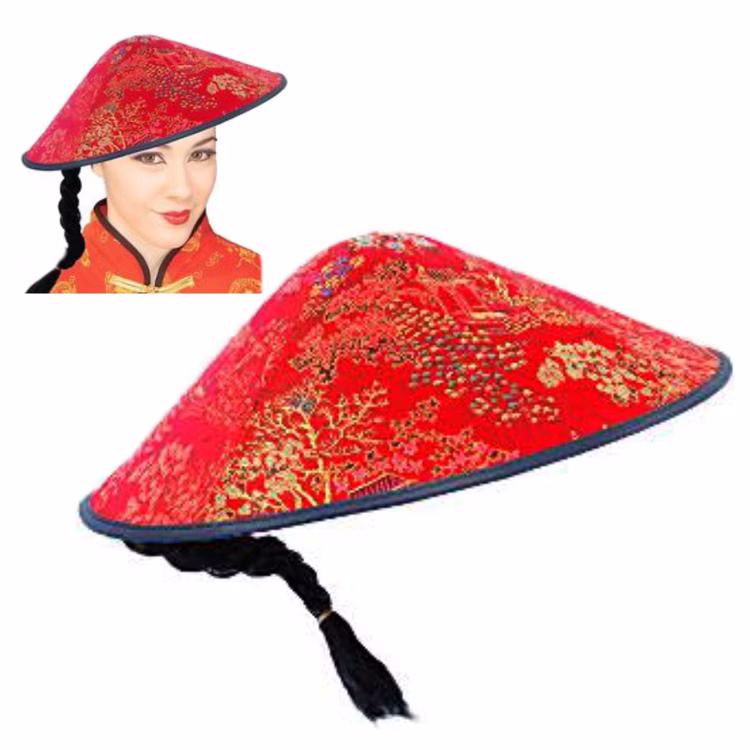 Asiatischer Hut mit Zopf Kopfbedeckung Rot für Erwachsene Kostüm-Zubehör Fasching Karneval Mottoparty Asiatischer Hut mit Zopf Kopfbedeckung Rot für Erwachsene Kostüm-Zubehör Fasching Karneval Mottoparty