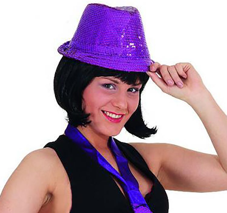 Hut Discoqueen mit Pailletten lila Kostüm-Zubehör Accessoire JGA Fasching Karneval Mottoparty