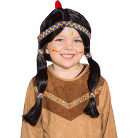 Indianer Perücke Squaw für Kinder mit Stirnband & Feder geflochtene Zöpfe Kostüm-Zubehör Fasching Karneval Mottoparty