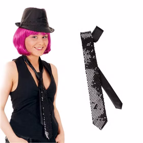 Pailletten Krawatte schwarz Langbinder Schlips für Erwachsene Kostüm-Zubehör Fasching Karneval Mottoparty JGA Accessoire Schlagermove Casino Las Vegas