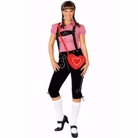 Damen Lederhose Bayern schwarz Größe 38 Frau in schwarzer knielanger Echtleder-Lederhose mit Hosenträgern, grauen Stickereien und Schnürungen an den Beinabschlüssen.