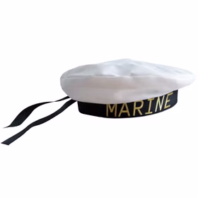 Matrosenhut Mütze Seemann Marine KW 57-60 für Erwachsene Kostüm-Zubehör Fasching Karneval Mottoparty Beachparty Seemannsmütze mit Aufschrift von Vorne vor weißem Hintergrund.