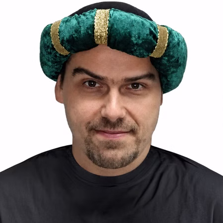 Kostüm-Turban Grün Aladin Sultan für Erwachsene KW 60 Kostüm-Zubehör SALE Fasching Karneval Mottoparty Weihnachten Krippenspiel Grüner Kostüm-Turban für Erwachsene aus Pannesamt mit schwarzen Partien und goldfarbenen Zierbändern, getragen in Vorderansicht.