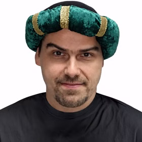 Kostüm-Turban Grün Aladin Sultan für Erwachsene KW 60 Kostüm-Zubehör SALE Fasching Karneval Mottoparty Weihnachten Krippenspiel Grüner Kostüm-Turban für Erwachsene aus Pannesamt mit schwarzen Partien und goldfarbenen Zierbändern, getragen in Vorderansicht.