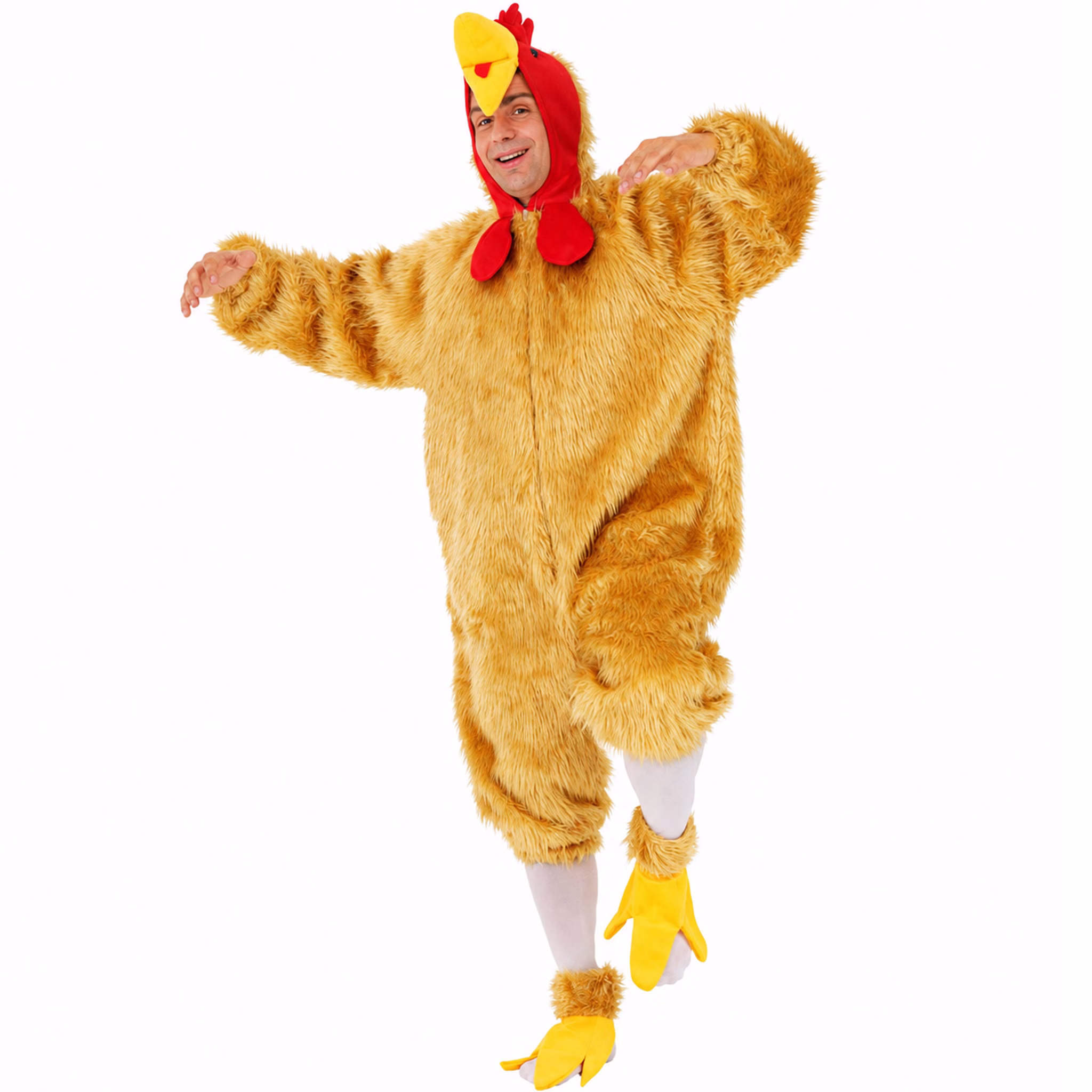 Mann trägt das braune Hahn Kostüm Freddy mit Plüsch-Overall, roter Hahn-Kapuze und separaten gelben Hühnerfüßen.