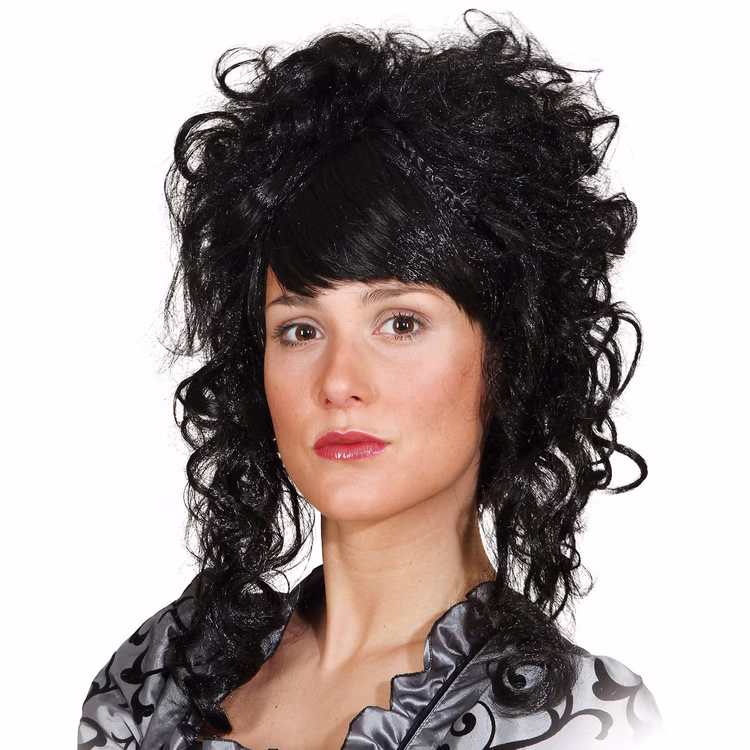 Barock Perücke Hofdame Lina für Damen schwarz gelockt Kostüm-Zubehör SALE Fasching Karneval Mottoparty Damenmodell mit schwarzer Barock-Perücke Lina, voluminöser Hochsteckfrisur, Locken, glattem Pony und seitlicher Flechtsträhne.
